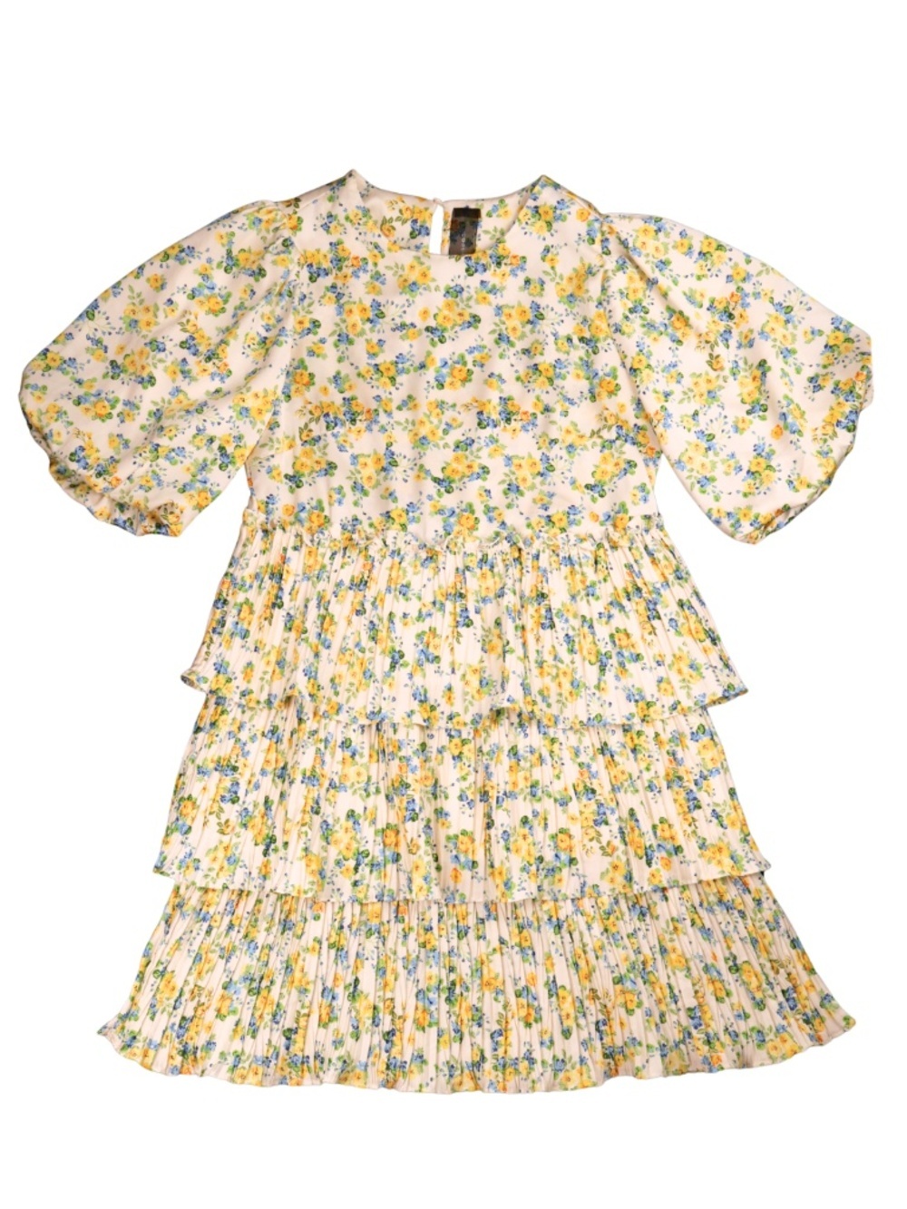 Floral Tiered Pleated Dress Size S Puff Sleeve Silky Mini